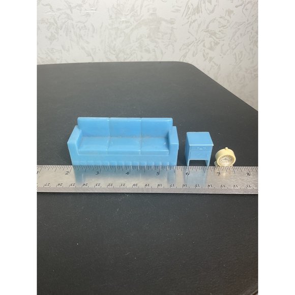 Miniature Blue Dollhouse Couch & Side Table Set With Clock - Picture 3 of 4